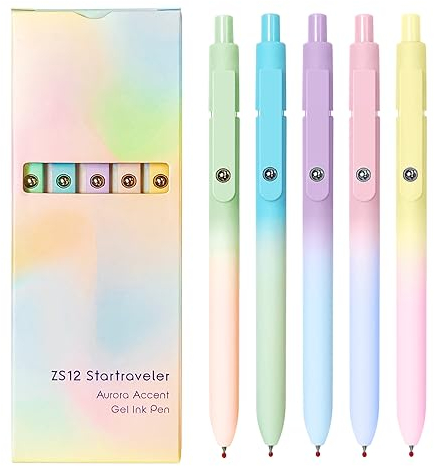 UIXJODO Gelschreiber, schwarze Tintenstifte für Frauen, 0,7 mm mittlere Spitze, glattes Schreiben mit Silikongriff, Metallclip, einziehbare Stifte für Tagebuch, Notizen (5 Stück Aurora)