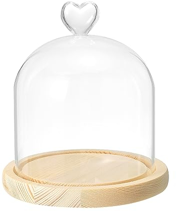PATIKIL 4.7x4.7 Glass Dome Cloche, Clear Glass Bell Jar Display Case Tabletop Centerpiece with Wooden Base for LED Light Plants Home Decor, Natural