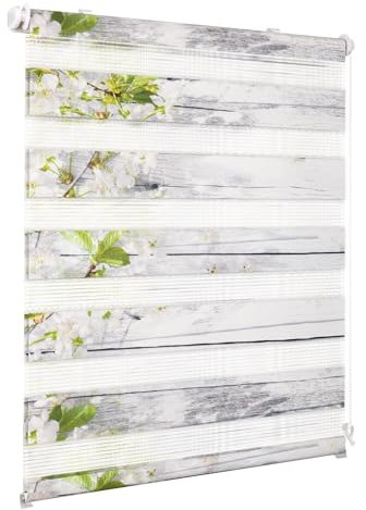 Deswell Doppelrollo Klemmfix ohne Bohren Weiß-Blüten B60 x H120 cm (Stoffbreite 56cm) Rollos für Fenster ohne Bohren mit Blüten Motiv Duorollo für Lichtdurchlässig Höhe Stufenlos Verstellbar