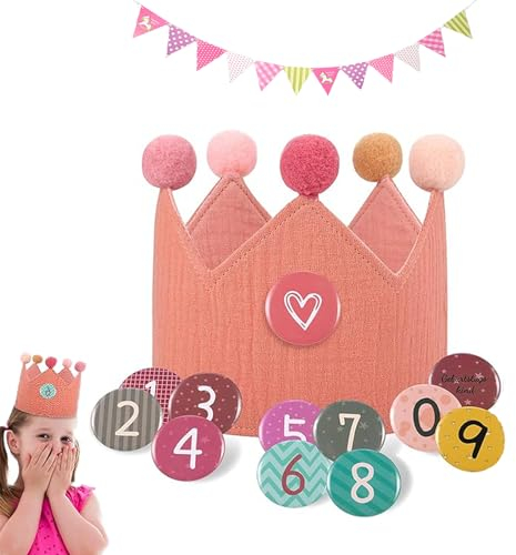 JCTRRJ Geburtstagskrone Mädchen, 1 Geburtstag Mädchen, Partydekoration, Krone Kinder, Kinderkrone aus Musselin-Stoff, Krone für Kinder, Kinderpartyhut aus Knopfnummern 0–9 mit Geburtstagsbanner