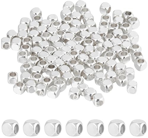 CREATCABIN 160 pieza Cuentas Espaciadoras Cubo,925 cuentas Latón Plata Ley,Cuentas Espaciadoras Cuadradas Lisas,Mini Cuentas Metal Apilables,Cuentas Sin Esquinas para Verano,Pulsera Hawaiana,3mm