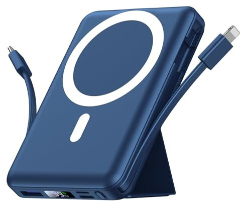 Azmuth for Mag-safe Power Bank, 10000mAh Magnetic Battery Pack 20W PD Fast Charging with USB-C Cable LED Wireless Portable Charger with Stand for iPhone 17/16/15/14/13/12/Pro/Max(Blue)