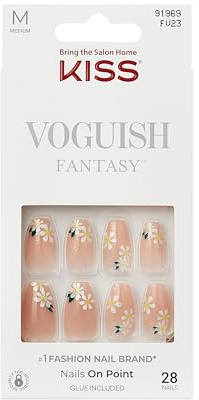 KISS Voguish Fantasy Press On Nails “4 Wheel Drive” – Faux ongles nude à fleurs moyens amande coffin, press on nails qualité salon, manucure DIY avec 28 ongles, colle 2 g, bâtonnet et mini lime