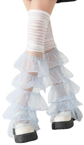 CheJooe Calentadores de piernas de encaje con volantes de organza para mujer, con retazos de tul escalonados, calcetines largos hasta el muslo, vintage, para niñas, ClubwearY2K, calcetines largos