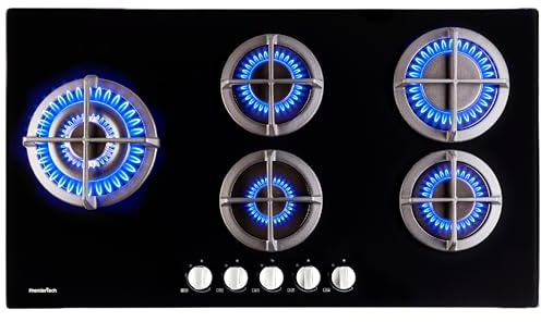 PremierTech Piano Cottura a Gas, 5 fuochi, 90 cm (87.8cm), Vetro Nero, Wok Supporti in Ghisa Professionali, predisposto Metano e kit ugelli GPL inclusi, Manopole in Alluminio, P590VL