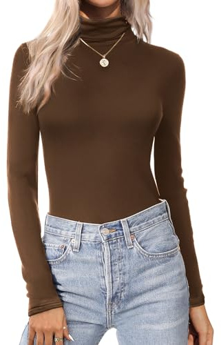 Zeagoo Camiseta Manga Larga Mujer Cuello Alto Camisetas Basica Ajustada T Shirt Térmicas Sólido Camisa Ligero Elástico Suéter Marrón XL