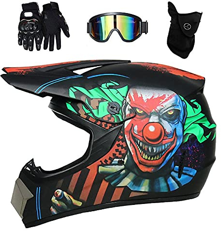 Full Face MTB Motocross Helmet Set, with Goggles Gloves Mask, Youth Kids Off Road BMX Motorbike ATV Scooter Helmet, Dual Sport Downhill Quad Dirt Bike Enduro Crash Helmet(A,L/56-57CM)