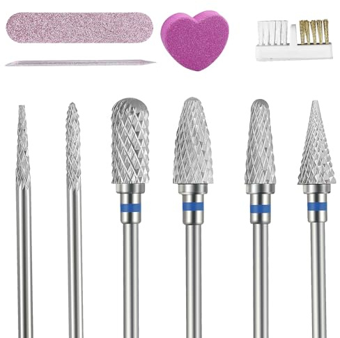 6 stycken nagelfräsar bitsset, tillbehör sliphuvuden med 1 fillist, 1 kristallstav och 1 hjärtformad svamp, rostfritt stål bits, hårdmetall-maskintillbehör för att ta bort manikyr (blå)
