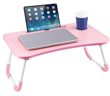 CROWNSHOP Laptop Table, 60 X 40 X 28cm Bed Table, Bed Desk Stand With Foldable Legs & Cup Slot Notebook Stand Computer Laptop Bed Table Laptop Tray For Sofa Bed, Pink (Pink)