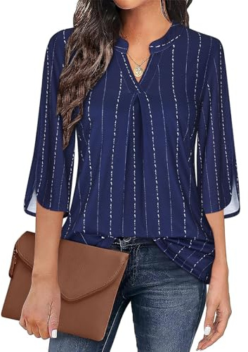 Flikity Womens Tops 3/4 Sleeve Business Casual Tops for Women UK Office Work Wear Dress Shirts Professional Attire Clothes Tunics Tops V Neck Ladies Blouses Interview Career Blue Stripe Large