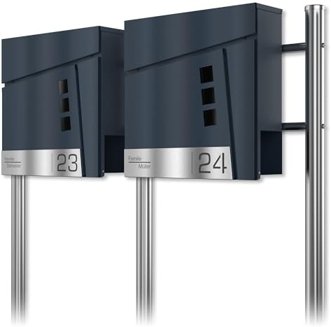 Graviers Design Cassetta postale doppia autoportante con base in antracite RAL 7016 - Cassetta postale personalizzata in acciaio inox con targhetta incisa e finestra
