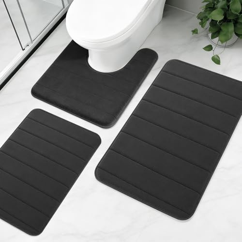 NAKIHOUSE 3 Piece Bath Mat Set, Memory Foam Bathroom Mats Non Slip, Black | Toilet Mat Set, Ultra Absorbent Quick Dry Washable Bathroom Rugs for Shower Bathtub Sink Floor