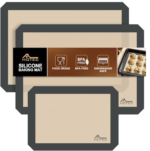 HOTEC Silicone Baking Mats 3 Pack – Non-Stick Reusable Silicone Baking Sheets for Oven – Cookie & Macaron Mats – 2 Half Sheet + 1 Quarter Sheet – BPA-Free, Dishwasher Safe
