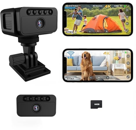 Bextgoo Überwachungskamera Innen, 3 Modi: WLAN/AP Hotspot/Ohne WLAN, 4K Mini Kamera mit 64GB Speicherkarte, Nachtsicht, Bewegungserkennung, Kleine Kamera für den Innen- und Außenbereich (schwarz)