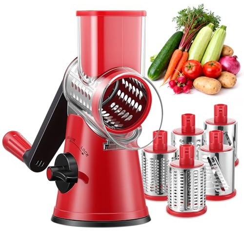 GDL Rotary Cheese Grater Hand Crank with 5 Interchangeable Blades - Upgraded Cheese Shredder Featuring Strong Suction Base for Cheese Shredding, Wavy Slicing, Nut Grinding, Ice Shaving