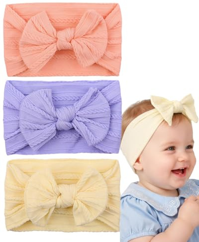 HUVZOR 3 Pezzi Fascia per turbante per neonato Fasce per capelli in nylon per bambina Fascia per capelli con fiocco morbido per Regalo per Bambini per Foto Bianco Rosa, Arancione/Viola/Giallo
