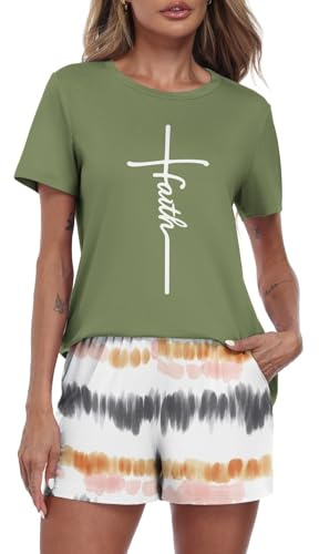 PrinStory Pigiama da donna a maniche corte, con scollo rotondo, abbigliamento estivo, maglietta e pantaloncini, Dw Verde Faith, XL