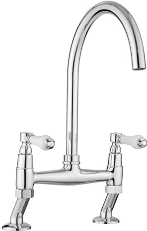 JASSFERRY Traditional Bridge Mixer Tap White Ceramic Lever Handles Deck Mounted Monobloc Classic 2 Hole Kitchen Sink Chrome Faucet with Swivel Spout