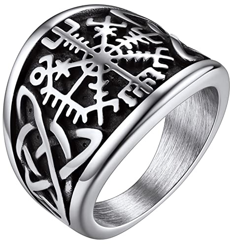 FaithHeart Anello Vichingo da Uomo Bussola Runica Vegvisir Spirito Nautico Amuleto Gioielli Nodo Trinità Celtico in Stile Nordico Anello Figo per Hiphop Punk