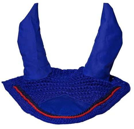 Spire Horse Soft Crochet Fly Veil Breathable Cotton Ear Net Hood Horse fly Control Masks Protector Bonnets (Pony, Royal Blue/Black-Red)