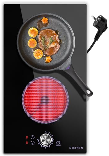 NOXTON Glaskeramikkochfeld 2 Platten Einbau, 3000W Herdplatte 2 Kochfelder, Autarkes Kochplatten 2er Elektrisch mit Stecker, Ein-Knopf-Steuerung, 220-240V