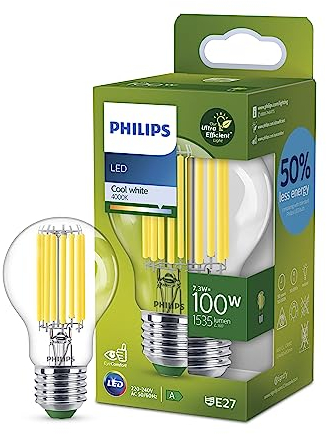 Philips Bombilla LED Clásica Philips Eficiente, Casquillo E27 7.3W, 1535 Lúmens, Luz Blanca Fría 4000k