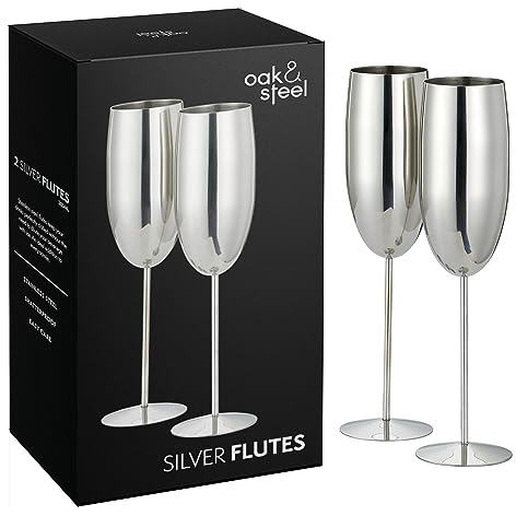 Oak & Steel - 2 Copas de Champán Plateadas (280ml) - Copas de Prosecco Plateadas de Acero Inoxidable, Copas de Metal Irrompibles con Caja de Regalo