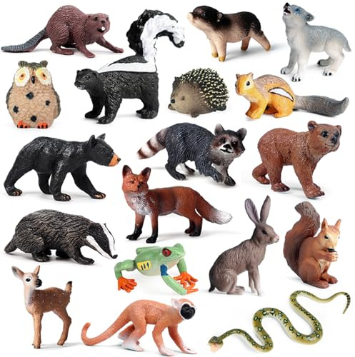 SCAHOW 18Pcs Forest Animals Figures - Plastic Woodland Creature Toy Figurines for Kids Boys Girls 3-5 6-12, Small Jungle Animal Baby Figurines for Cake/Cupcake Topper Birthday Gift