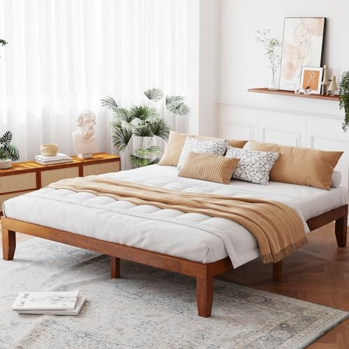 Giantex 14 Inch King Wood Platform Bed Frame, Minimalist Style Mattress Foundation with Solid Rubber Wood, Heavy Duty Slat Support, Without Headboard, Easy Assembly, No Box Spring Needed, Walnut
