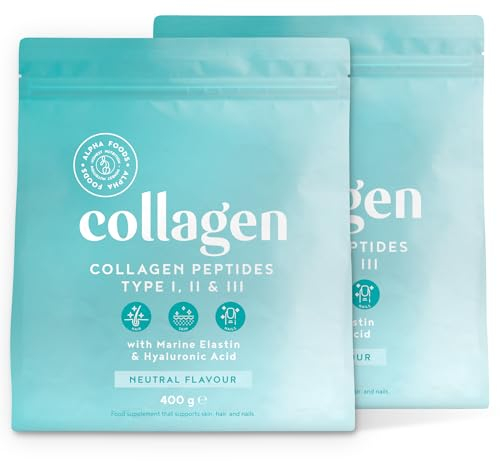 Collagen Pulver [2x 400g] | Premium Kollagen Hydrolysat | Peptide Typ 1, 2 & 3 | Hochdosiert Kollagenpulver mit Hyaluronsäure und Elastin | Geschmacksneutral | in Deutschland hergestellt | Alpha Foods