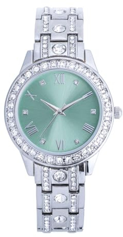 NUOVO Damen Uhr Analog Quarz mit Silber Edelstahl Armband Wasserdicht Kristall Lünette Grünes Zifferblatt Mädchenuhr