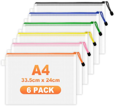 FOSHISY 6 Pack A4 Plastic Zip Wallets, Plastic Zip File Folders, 6 Colors | A4 Mesh Ziplock Bags Clear, Waterproof Zipper Pouch Bags for Documents Office Classroom Travel Storage