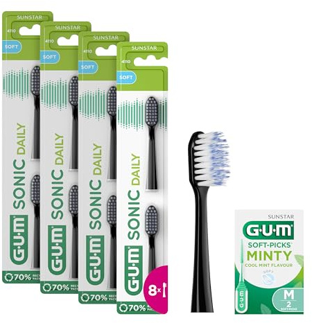 GUM Sonic Daily Replacement Heads for Battery Powered Toothbrush | x4 Packs of 2 (x6 Refill Heads in Total) | Black +1 Bonus Sample