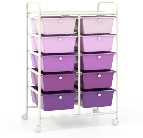 COSTWAY 10 Drawers Storage Cart, Multipurpose Mobile Organizer Shelving Unit with Handle, Removable Drawers & Lockable Wheels, Utility Rolling Trolley for Home Office Beauty (Purple Gradient)