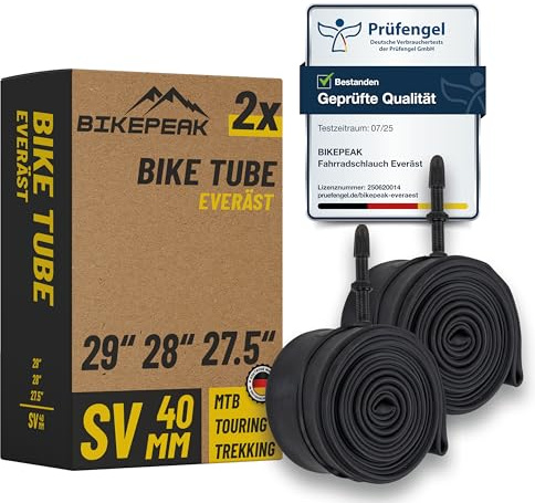 BikePeak 2X Fahrradschlauch MTB 29 28 27,5 Zoll mit schwarzem Sclaverandventil 40mm - Schlauch SV Presta Ventil, ETRTO 40/62-584/635, 700C - 2er Set Schläuche Everäst