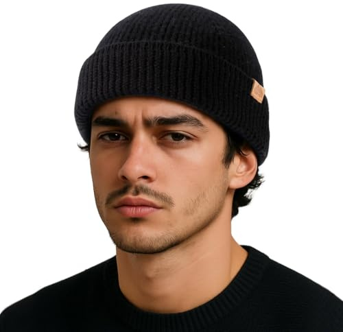 TOP-EX 100% Merino Wool Fisherman Beanie Hat Men & Women, Thermal Wool Hats, Unisex Winter Cap Trawler Knitted Cuffed Hat for Outdoor Running Golf - City Black M/L