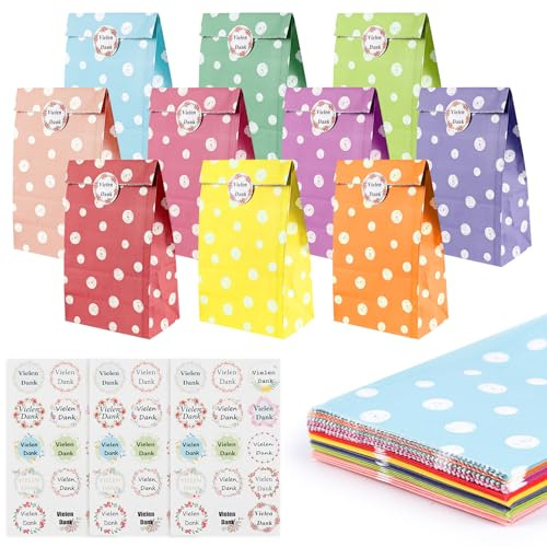 30 sacchetti di carta 22 x 12 x 7 cm – sacchetti regalo colorati con 45 adesivi per compleanno dei bambini, caramelle bar, regalini, goodie bags, matrimoni e feste