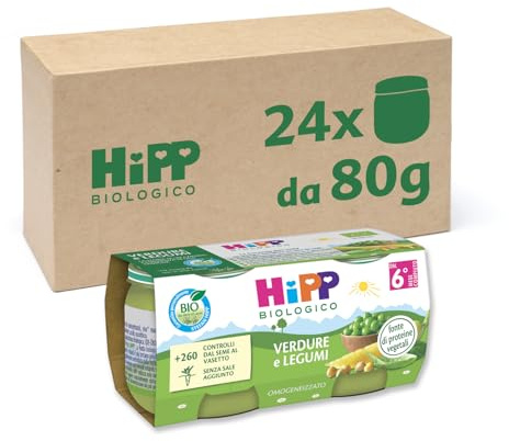 HiPP - Omogeneizzato Biologico per Neonati, Gusto Verdure e Legumi, Fonte di Proteine Vegetali, 24 Vasetti da 80 gr