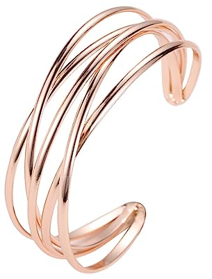 Cubahop Layered Open Metal Cross Bangle Bracelets Smooth Hand Jewelry for Women and Girls (Rose Gold)