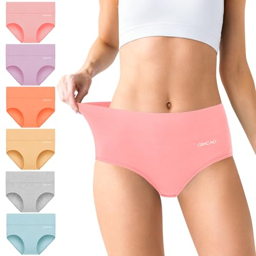 QINCAO Underwear Women 6 Pack High Waisted Cotton Knickers, Full Briefs | Women’s High-waisted Cotton Briefs, Light Tummy Control, Comfy Stretchy Breathable, No Itchy Labels, Gentle on the Skin