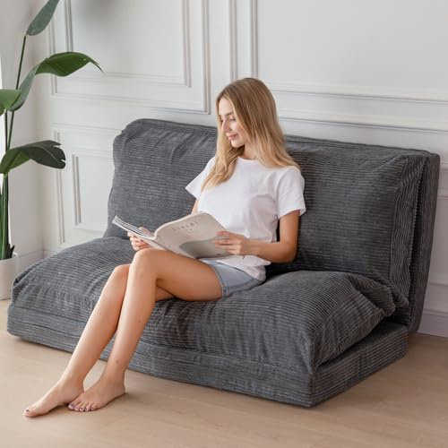MAXYOYO Puf plegable de pana, relleno de espuma, extragrueso, 4 pliegues, para adultos, incluye funda extraíble y lavable a máquina para sala de estar, color carbón, 135 x 240 cm