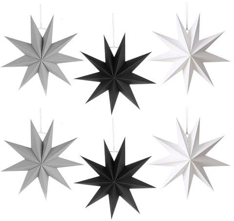 CYIOU 6 Pcs Étoiles Pliantes de Noël en Papier 30cm Etoile Noel Papier Suspendre Decoration Étoile de Noël en 3D Déco Papier Pendentifs pour Déco Noël Chambre Fenêtre Salon Fête (Noir/Gris/Blanc)