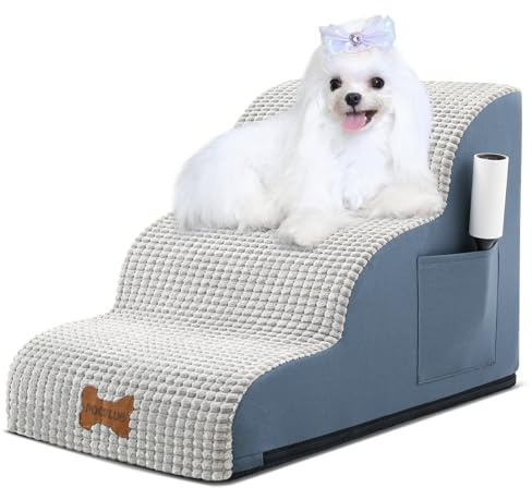 POCBLUE Dog Stairs for Small Dogs 15.7 H, Wide Pet Step for Couch/Sofas/Chairs, Curved Pet Ramps for Small Dogs & Cats with High-Density Foam and Washable Cover, 3-Step, Grey