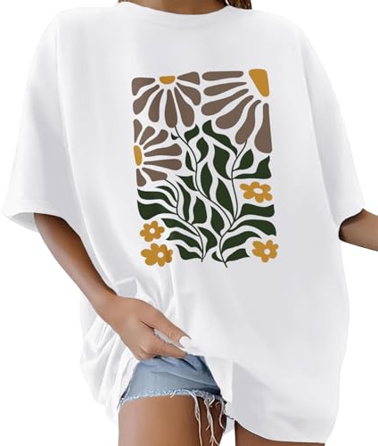 Xnova Tee Shirt Femme Grande Taille Coton T-Shirts à Manches Courtes Col Rond Oversize Graphic Long Top Casual Loose Haut Été, B-Blanc, S
