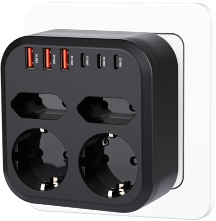 Pfloge® Steckdosenleiste mit USB, Mehrfachsteckdose mit 2 Fach Stecker, 4 Ports (3 USB A+3 USBC), 3500W/15A, 10-in-1 Steckdosenadapter für Smartphones, Laptop, Zuhause