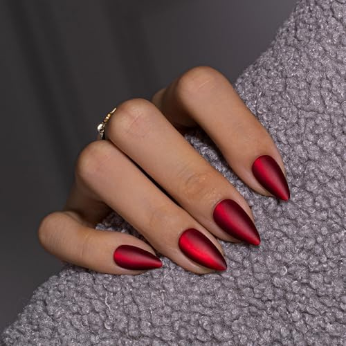 KQueenest Halloween Press On Nails Short Almond, Matte Cat Eye Press On Nails, Sparkly Red Black Fake Nails Short Stiletto, Velvet Dark Chrome Glue On Nails for Women Gift, 30 Pcs