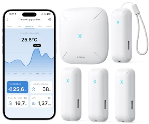 X-SENSE WLAN Hygrometer-Thermometer mit SBS50-Basisstation, Smart Temperatursensor für Innenraum-Temperatur & Luftfeuchtigkeit, App-Benachrichtigungen, 4 Sensoren & 1 Basisstation，STH0B41