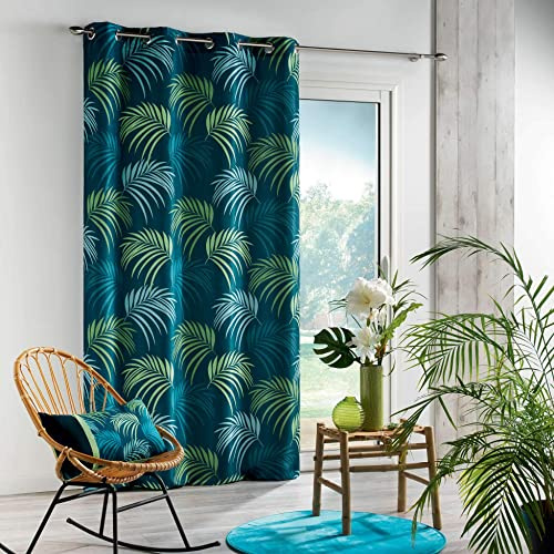 Douceur d'Intérieur, Rideau à Oeillets (140 x 260 cm) Blue Vegetal Bleu, Polyester Imprimé
