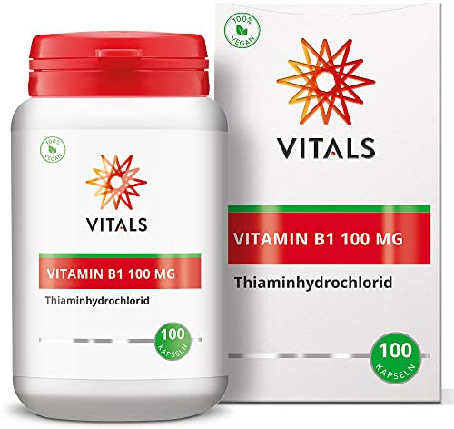 Vitals - Vitamin B1 100mg 100 Kapseln. Hohe Dosis Thiaminhydrochlorid in Reiner Form. 100% Vegan. In einer pflanzlichen Kapsel, ergänzt mit Hilfsstoffen aus natürlichen Quellen.