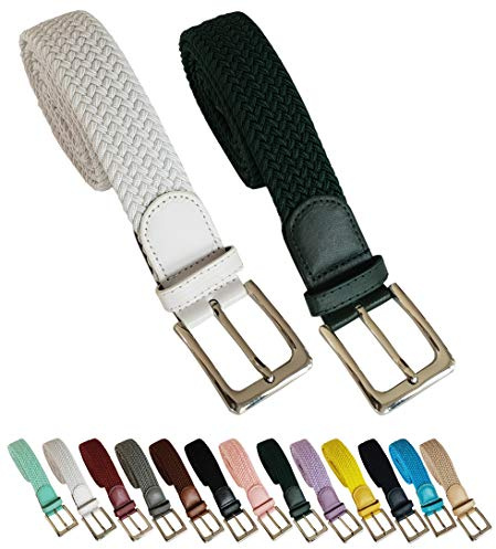 Cinturón trenzado elástico y extensible 2 piezas cinturones con hebilla para hombre y mujer. Pack de 2 colores (Blanco - Verde, 105cm)